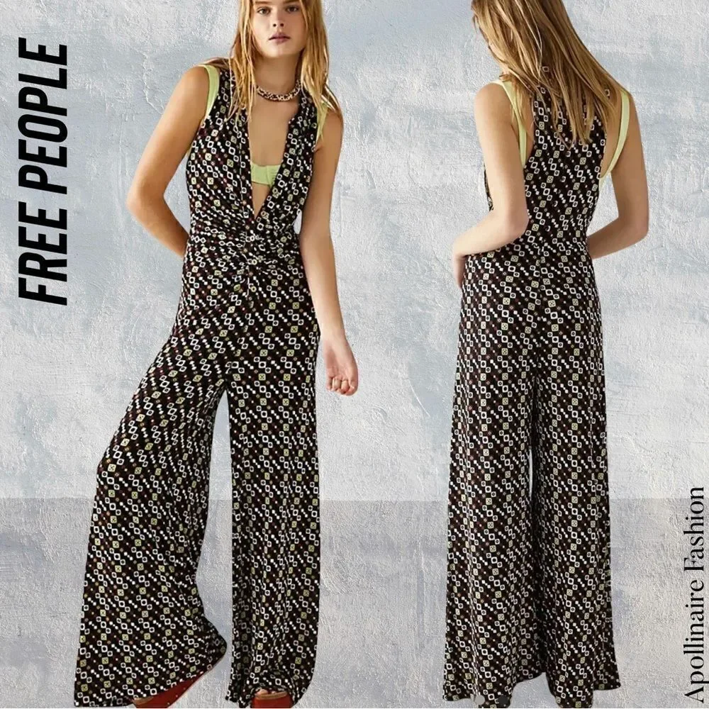 FREE PEOPLE SHAYLA HALTER JUMPSUIT IN BLACK COMBO SMALL NWT